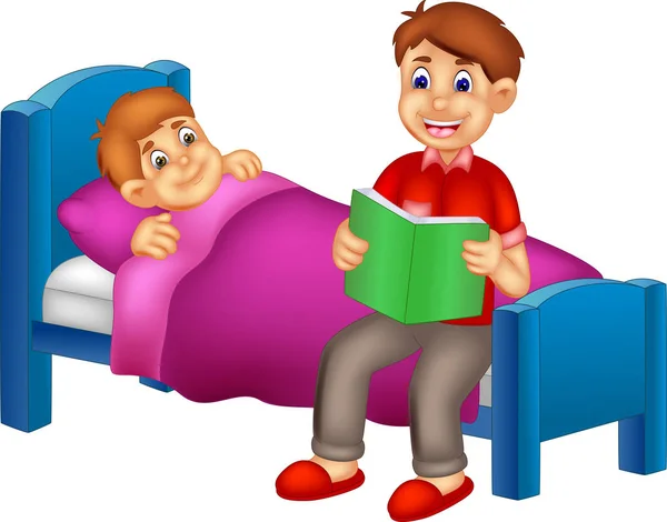 handsome father cartoon read a bedtime tale with laughing