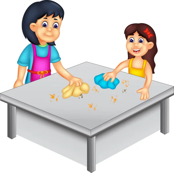 Fille Mignonne Mère Dessin Animé Nettoyer Table Avec Rire — Photo