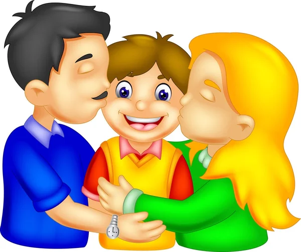 happy family cartoon father and mother kissed his son