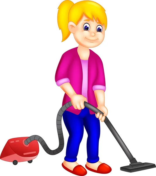 掃除機で床を掃除して面白い女性漫画 — ストック写真