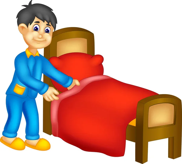 cute boy cartoon cleaning the bedroom with smile