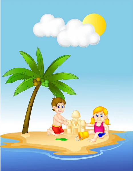 Carino Bambini Cartoni Animati Giocare Sabbia Sull Isola — Foto Stock