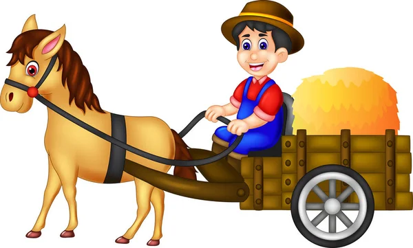 handsome farmer cartoon up horse bring straw with smile