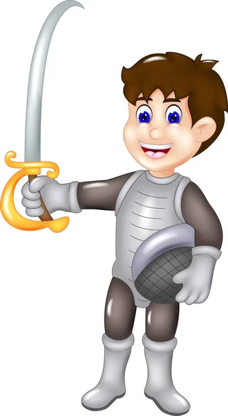 Bonito Cavaleiro Desenhos Animados Posando Com Sorriso Segurando Espada — Fotografia de Stock