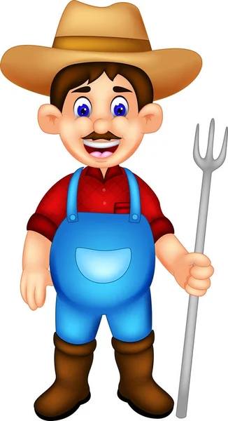 handsome farmer cartoon standing bring fork with smile