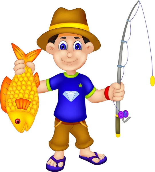 handsome angler cartoon standing bring fish with smile