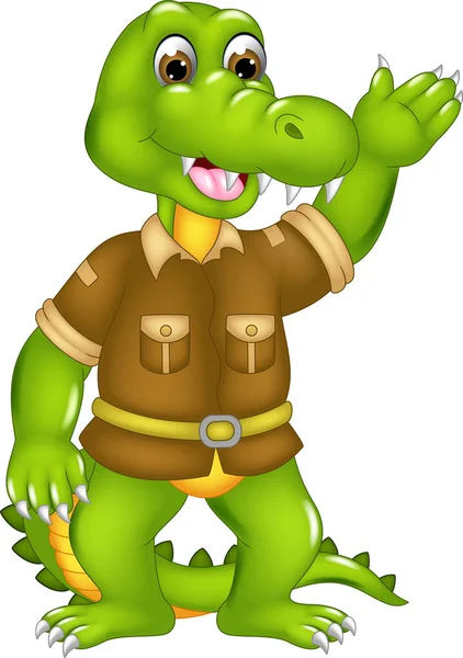 funny crocodile cartoon standing with laughing and waving