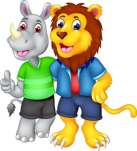 best friend of lion and rhino cartoon standing with hugging