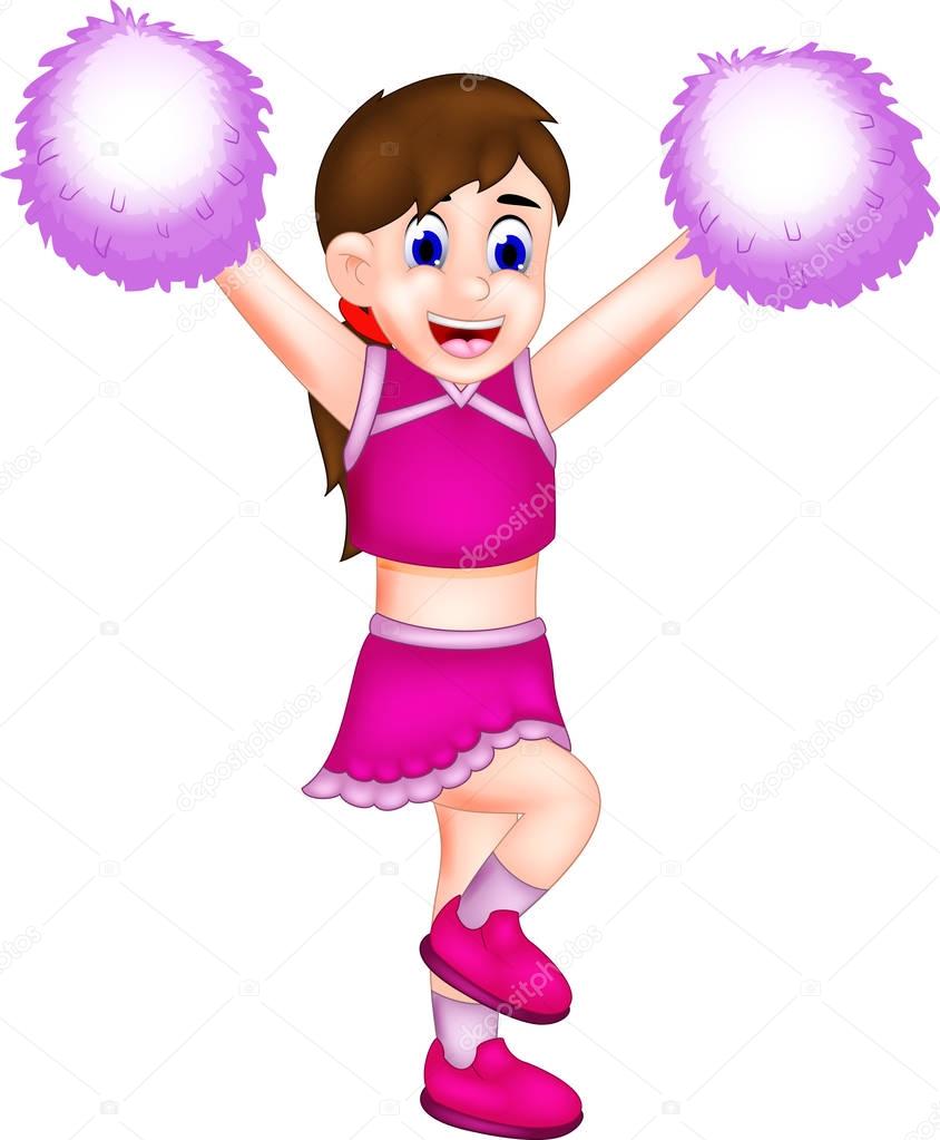 cute cheerleading cartoon standing on one leg with laughing