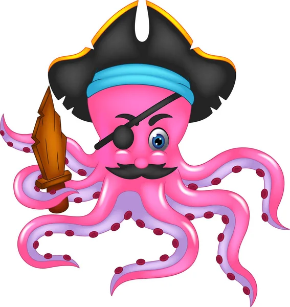 cute octopus cartoon posing with laughing and bring wooden sword