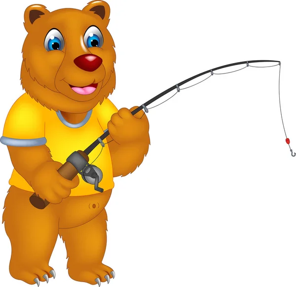 Funny Bear Tecknad Stående Med Leende Och Fiske — Stockfoto