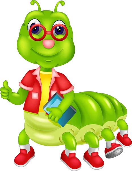 cute caterpillar cartoon posing bring book with smile and thumb up