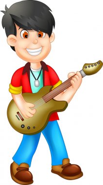 gülümseme ile ayakta ve gitar çalmak sevimli çocuk çizgi film