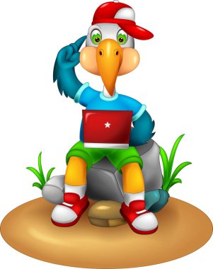 mutlu leylek karikatür ile oturan gülümseme ve pc oyun