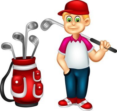 yakışıklı golfçü ayakta gülümseme ile karikatür ve sopa golf getirmek