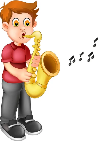 Funny Boy Cartoon Standing Playing Trumpet Smile — Stock Vector