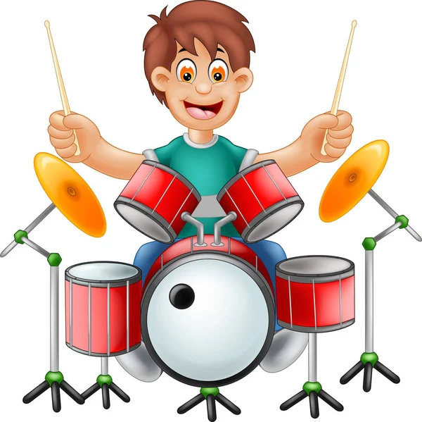 Handsome Drummer Cartoon Sitting Play Drum — Stock Vector