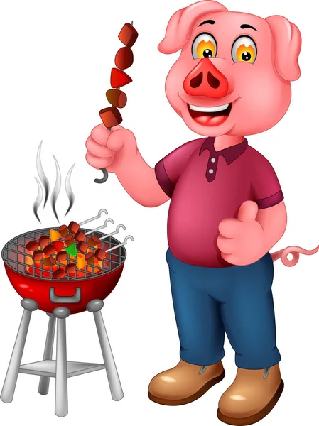 Funny Pig Cartoon Standing Grilling Meat Smile Thumb — Stock Vector