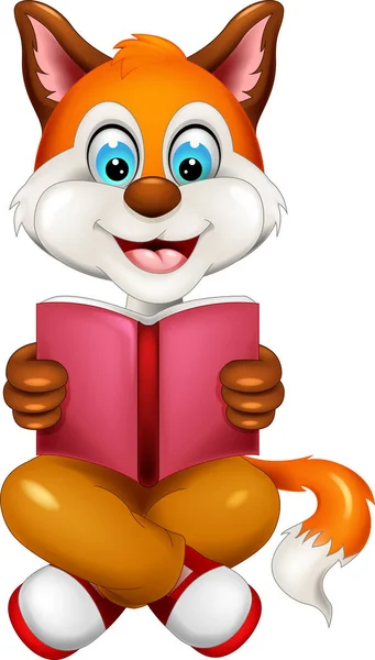 Şirin Fox Cartoon Gülümseme Ile Oturuyor Kitap Okuma — Stok Vektör