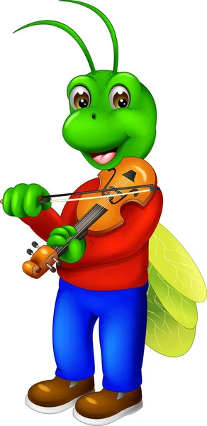 Gafanhoto Engraçado Desenho Animado Tocar Violino Com Sorriso — Vetor de Stock