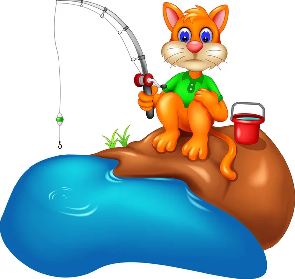 Cute Cat Cartoon Sitting Smile Fishing — Stock Vector