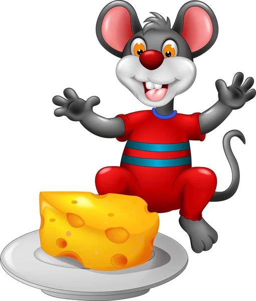 Cute Mouse Cartoon Sitting Eating Cheese Smile Waving — Stock Vector