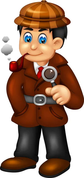 Handsome Detective Cartoon Standing Bring Magnifying Glass Smoking Smile — Stock Vector