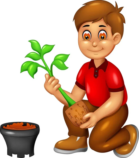 Lindo Niño Dibujos Animados Sentado Con Sonrisa Plantación Árbol — Vector de stock