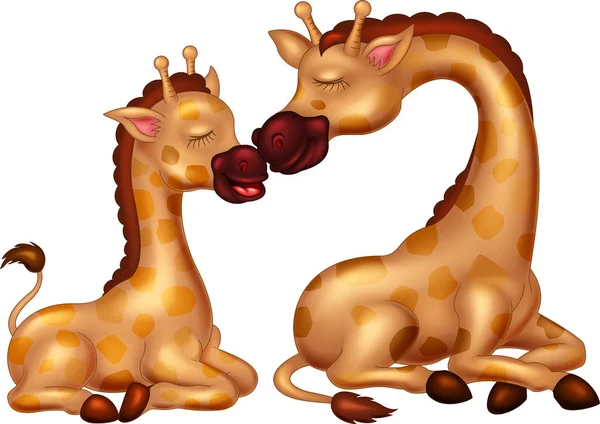 Funny Giraffe Cartoon Sitting Smile Kissing Her Son — Stock Vector