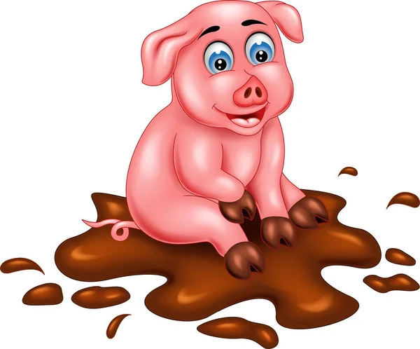 面白い豚漫画笑顔で泥の上に座って 手を振っています — ストックベクタ