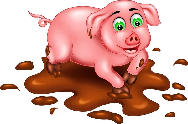 可爱的猪卡通爬行在泥与微笑 — 图库矢量图片