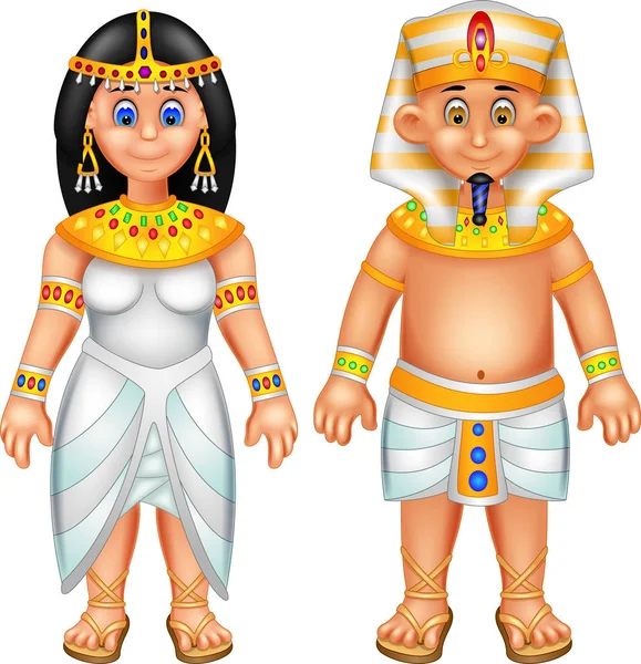 可爱的男孩和女孩卡通站立使用埃及服装与微笑 — 图库矢量图片
