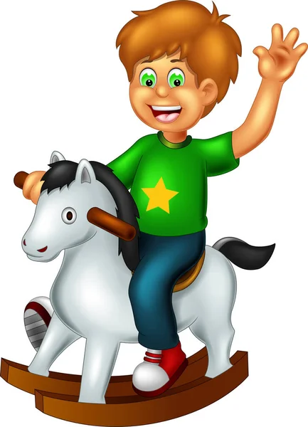 Dibujos Animados Divertidos Niños Jugando Los Juguetes Caballo Con Sonrisa — Vector de stock