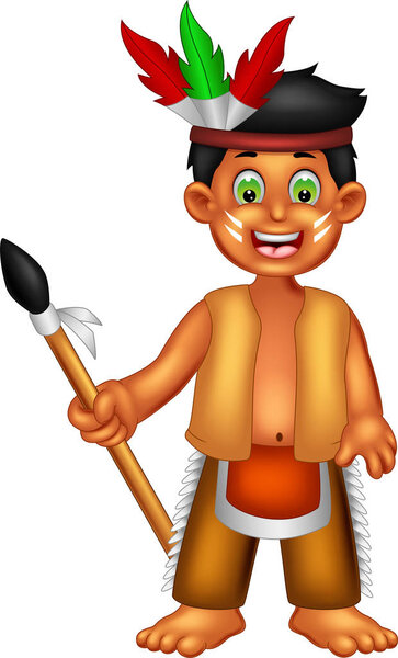 handsome indian boy cartoon standing bring weapons with smile