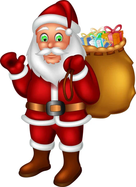 Zábavné Santa Claus Stojící Přinést Dárek Úsměvem Mávat — Stockový vektor