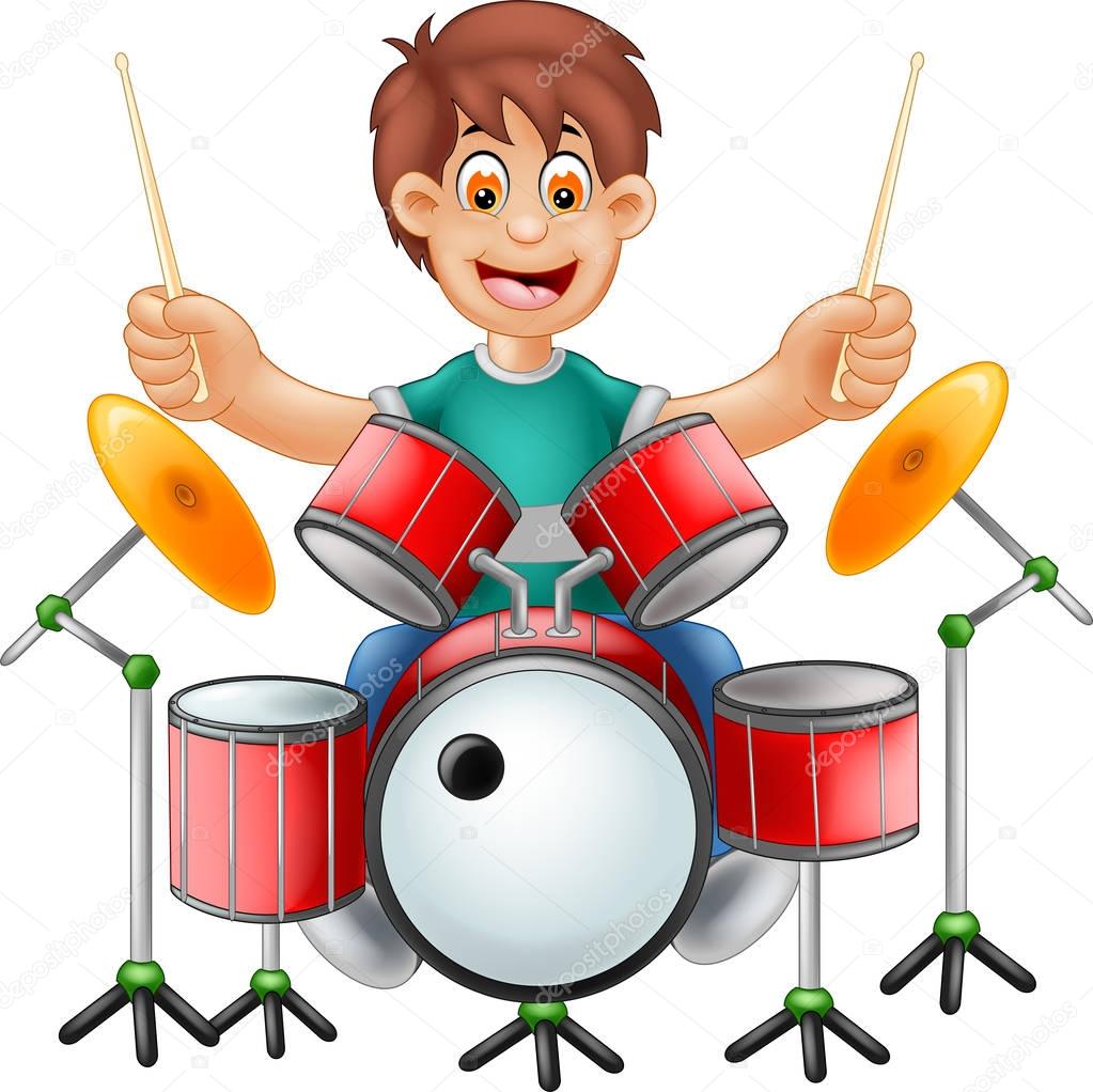 handsome drummer cartoon sitting with play drum