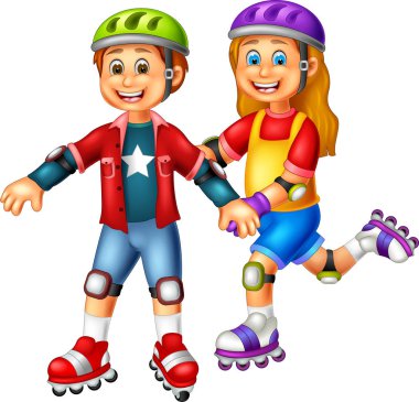 gülüyor ve oyun tekerlekli paten ile poz sevimli erkek ve kız çizgi