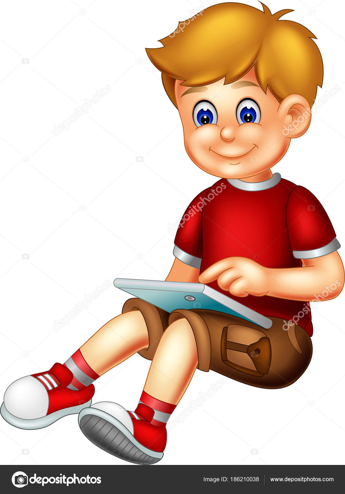 Cute Boy Cartoon Sitting Play Handphone Stock Photo By C Starlight7