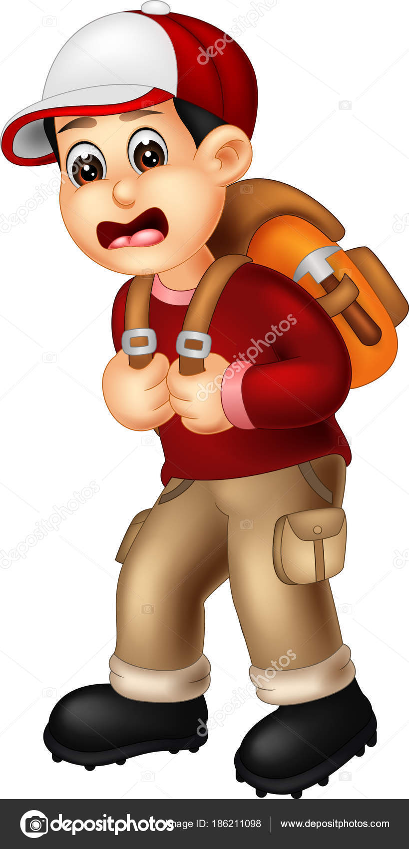 Cute Backpacker Cartoon Walking Laughing Stock Photo