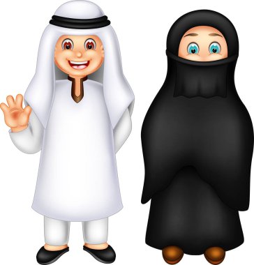 komik erkek ve kız çocuk karikatür gülümseyen ile Arap kostüm kullanarak ayakta