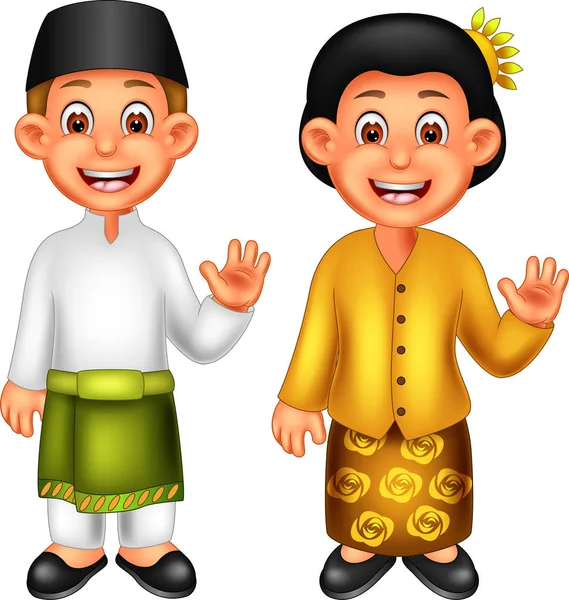 Cute Boy Girl Cartoon Standing Waving Using Malaysian Costum — Stok Foto