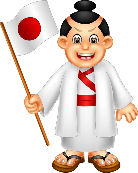 Niedlichen Japanischen Jungen Karikatur Stehend Bringen Flagge Mit Lächeln — Stockfoto