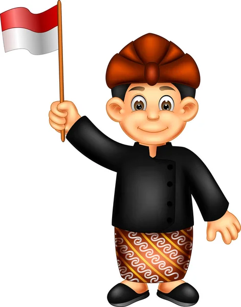 Смішний Індонезійський Хлопчик Мультфільм Стоячи Принести Прапор Посмішкою — стокове фото
