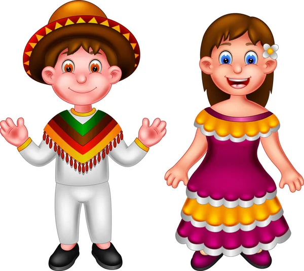 Söt Pojke Och Flicka Tecknad Stående Med Mexikanska Kostym Med — Stockfoto
