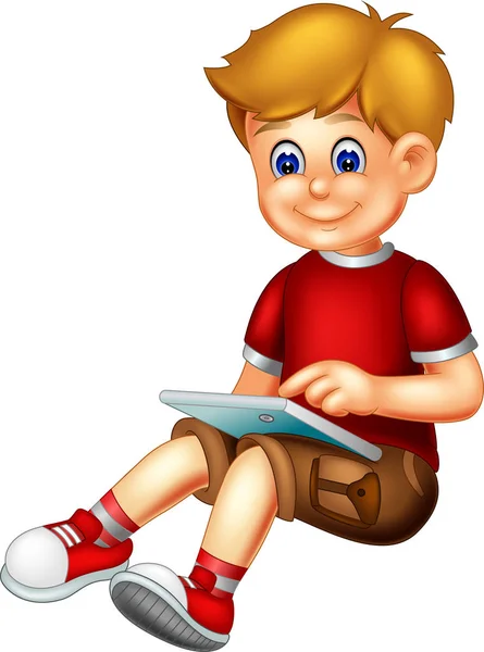 Kreskówka Cute Chłopiec Siedzi Play Handphone — Zdjęcie stockowe