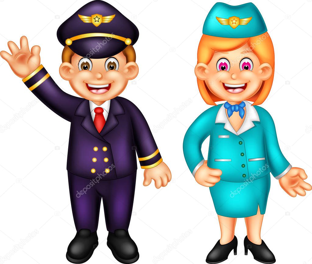 cute pillot and flight attendant cartoon standing with smiling