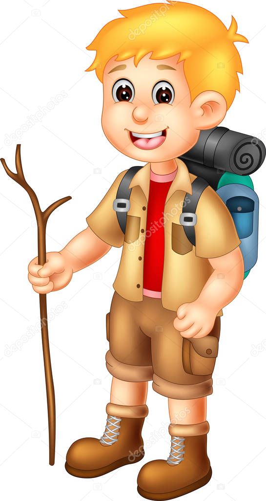 funny backpacker cartoon standing with smile and bring stick