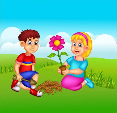 komik çocuk çizgi film gülümseme ile ağaç dikme