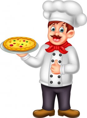 yakışıklı pizza chef karikatür ayakta gülümsemeyle pizza getirmek ve yukarı başparmak