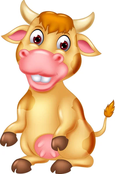 Sweet Cow Cartoon Sitting Laughing Waving — Stock Vector